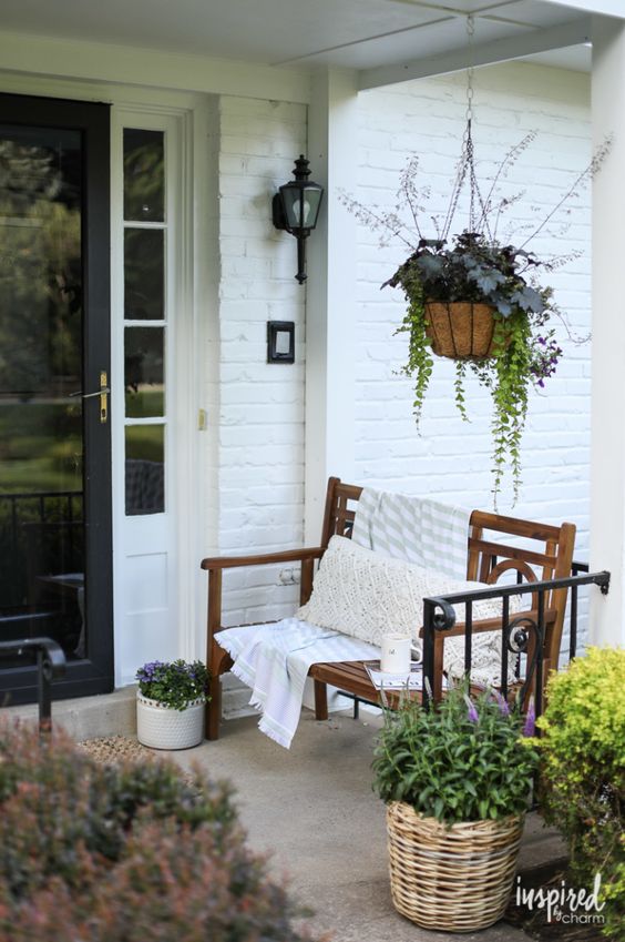 Wooden Bench, Hanging Planter With Cocograss And Wicker Planters