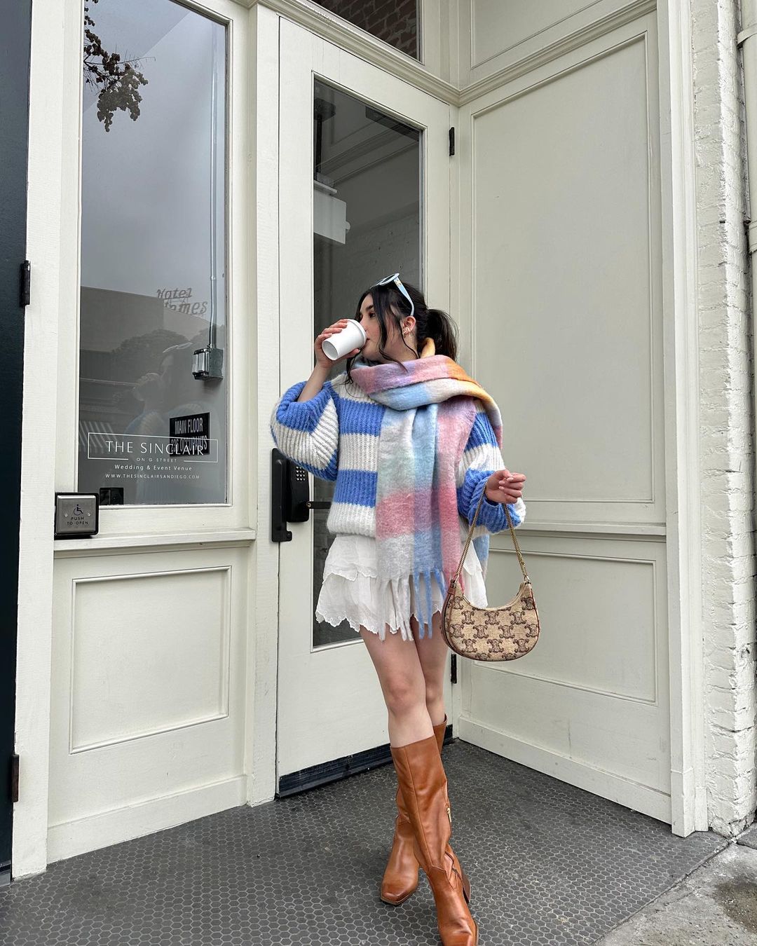 Woolen Blue And White Striped Sweater, White Mini Skirt And Knee High Boots
