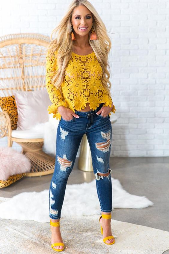Yellow Crochet Top in Marigold With Ripped Jeans And Yellow Strapped High Heel Sandals