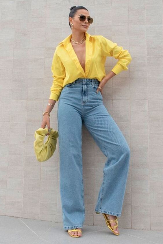 Yellow Low Plunge Shirt, Wife-Leg Jeans And Flats