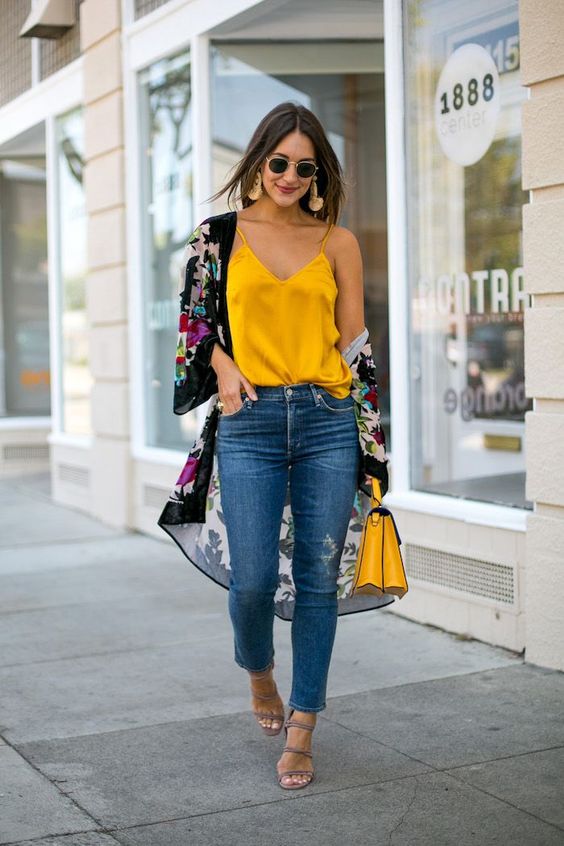 Yellow Silk Camisole, Black Floral Kimono, Jeans And Heels