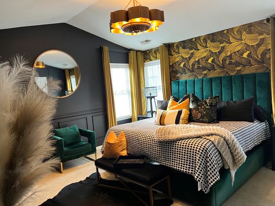 emerald Green And Charcoal Gray Bedroom With Yellow And Gold Details