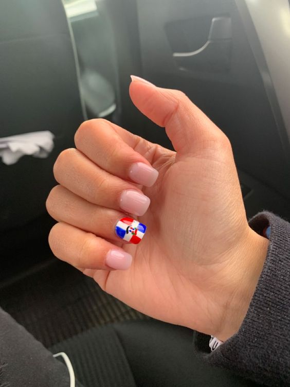 Ahort Nude Sqoval Nails With DOminican Flag Accent