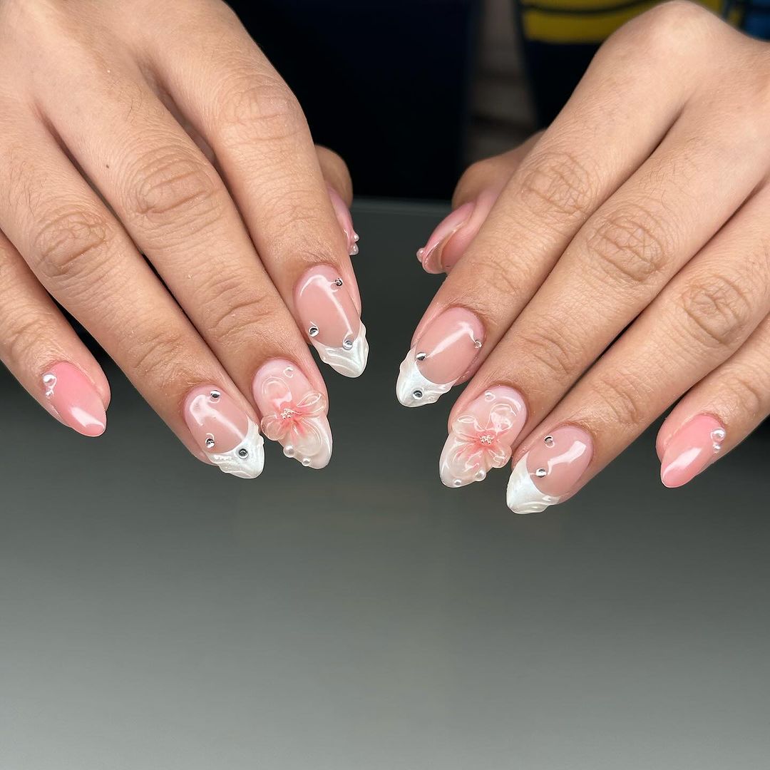 Almond French Mani With Rhinestones And Acrylic Flower