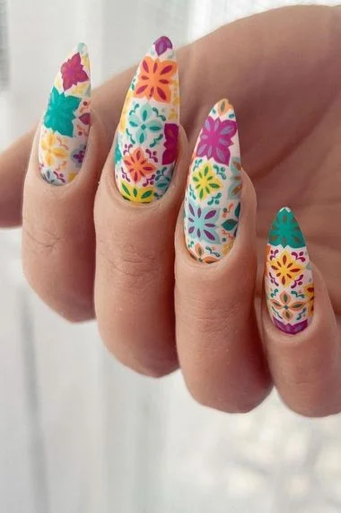 Almond Nails With Vibrant Traditional Design On White Base