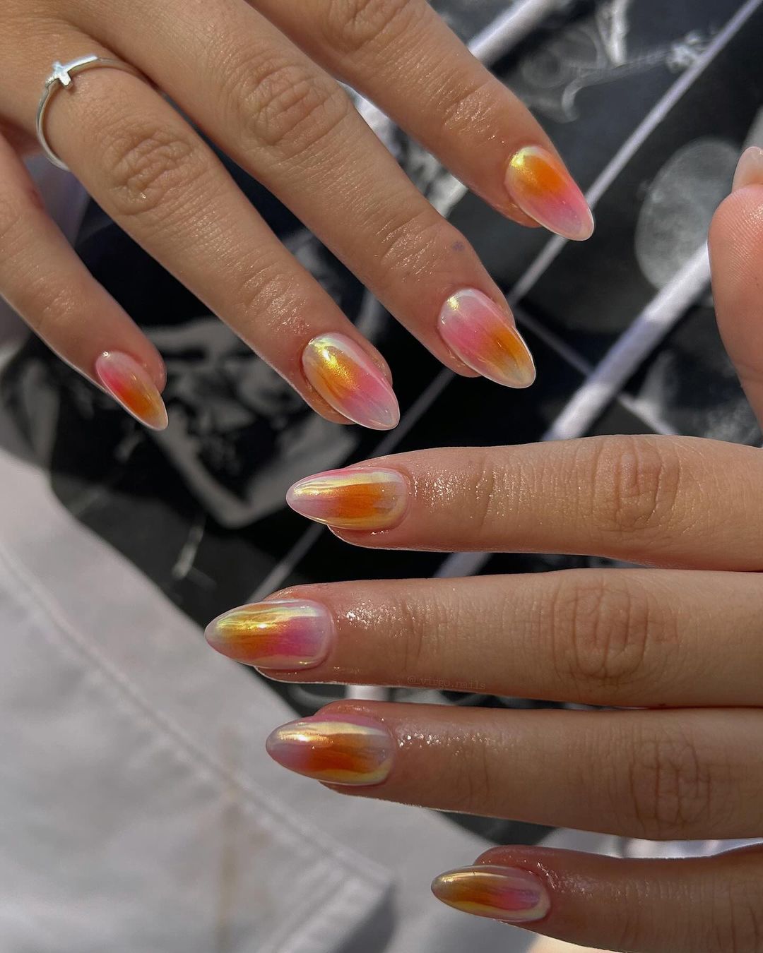 Almond Pink And Orange Unichrome Nails