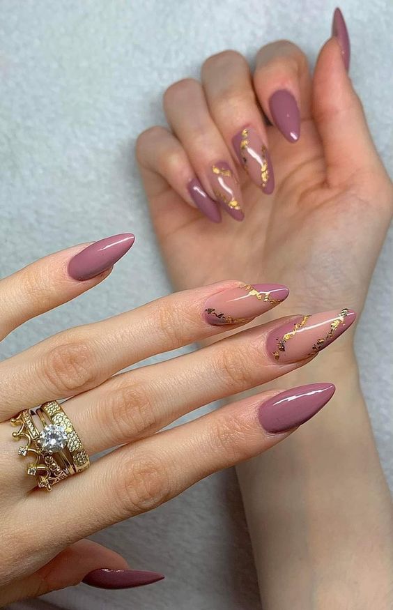 Almond Violet And Nude Nails Witg Gold Glitter Lines