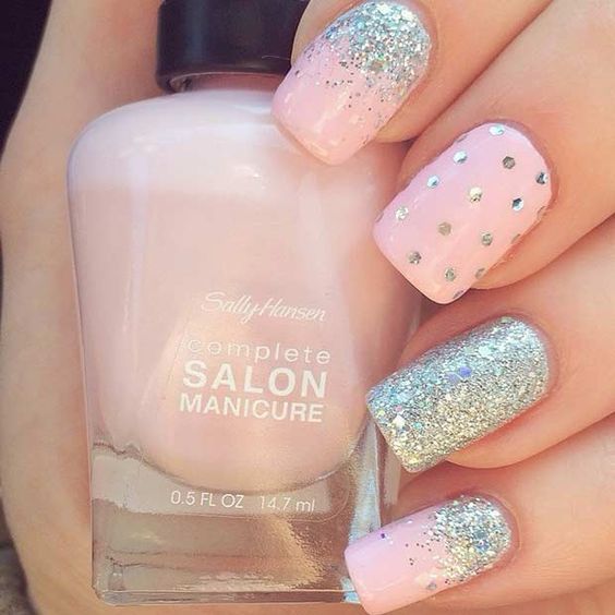 Baby Pink And Silver Glitter Nails With Polka DOts