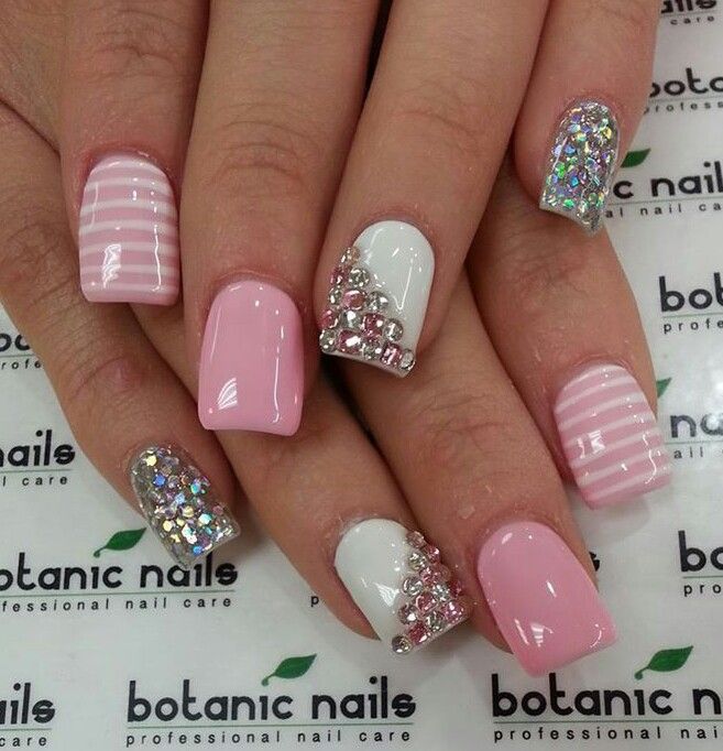 Baby Pink And White Square Nails With Rhinestones