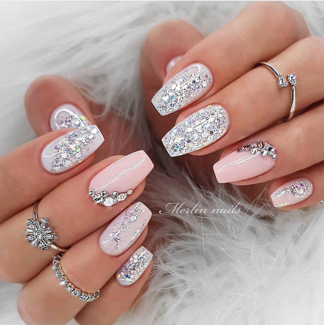 Baby Pink Ballerina Nails With Silver Rhinestones And Glitter