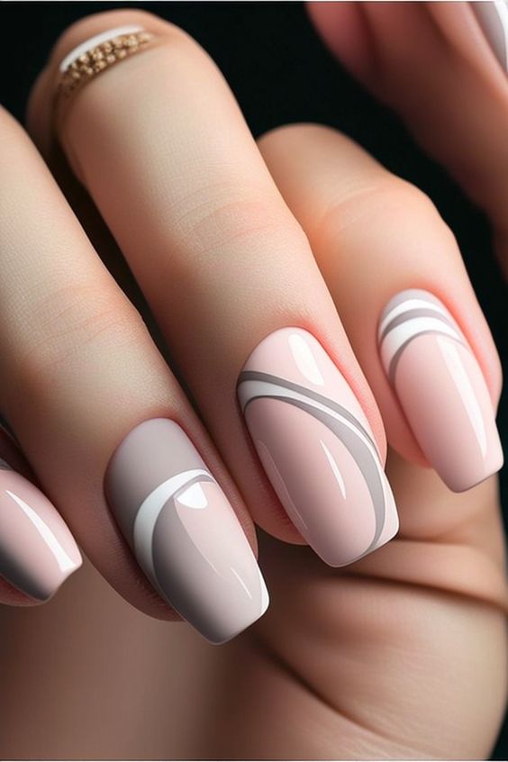 Baby Pink Squoval Nails With Gray And White Lines