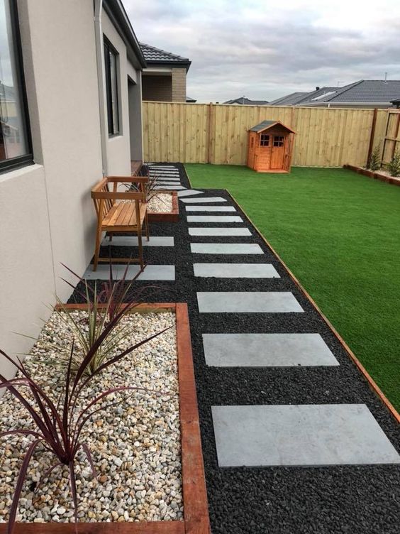 Backyard Pea Gravel Path With Cement Squares