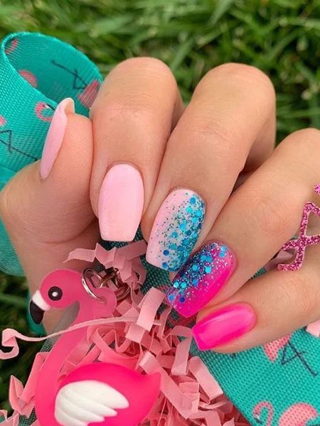 Barbie Pink And Baby Pink Nails With Ocean Blue Glitter