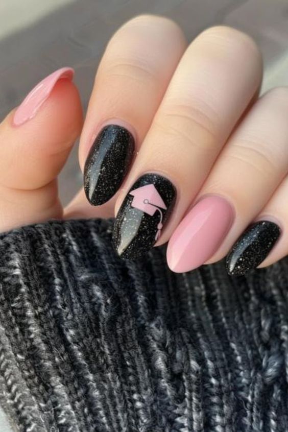 Black And Baige Nails With Graduation Cap Design