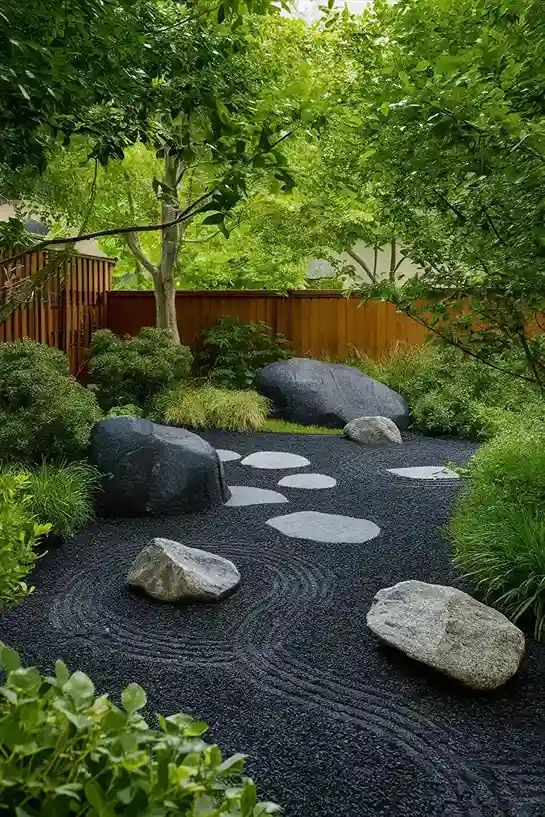 Black Pea Gravel Zen Garden With Black Boulders And White Stepping Stones