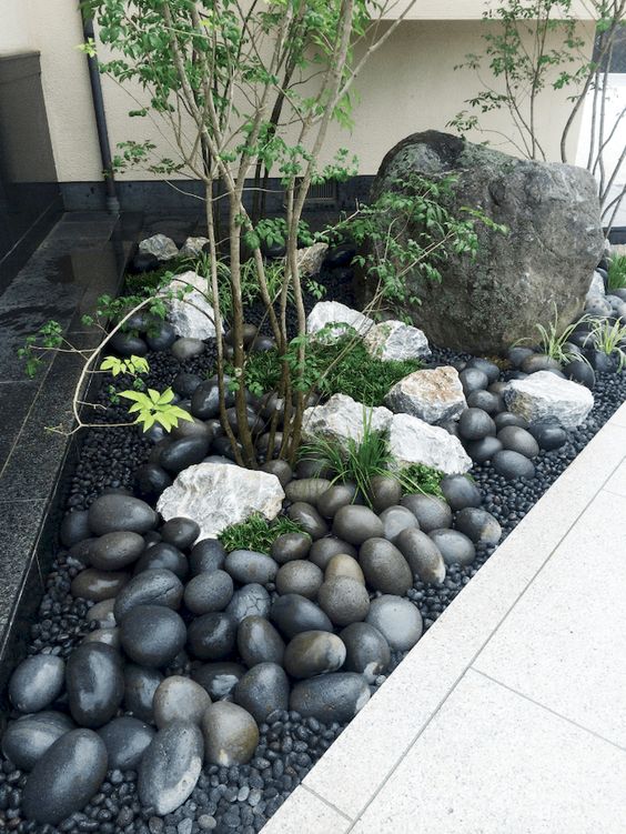 Black Rock And Pebbles Corner Garden