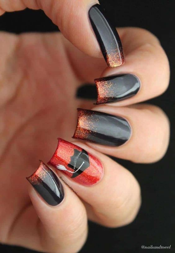 Black Square Nails With Red Glitter Tips And Red Accent With Graduation Cap