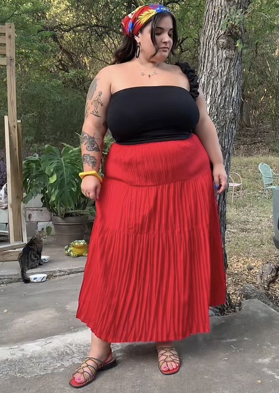 Black Tube Top And Red Pleat Maxi Skirt