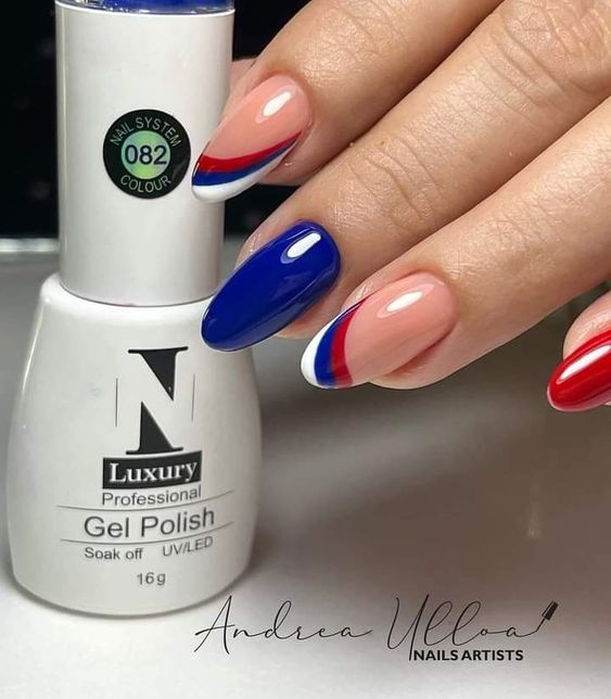 Blue And Red Oval Nails With Red White And Blue Striped French Tip