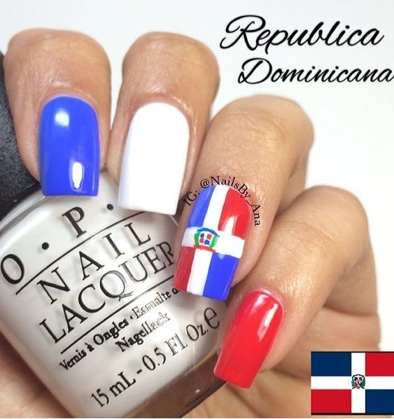 Blue, White, Dominican Flag And Red Square Nails