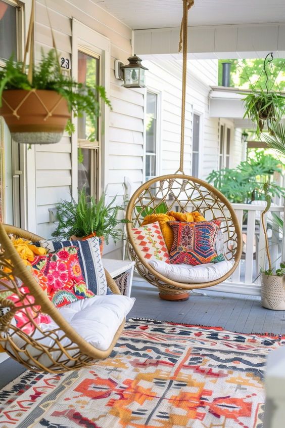 Boho-Chich Porch Decor With Hanging Chairs