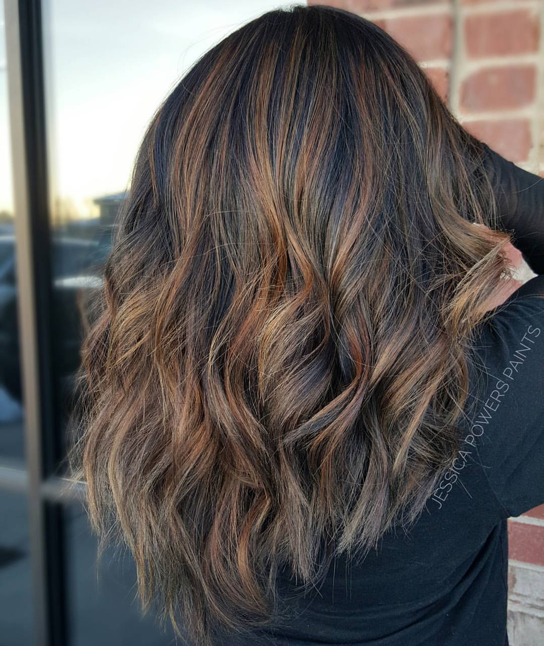 Brunette With Rich and Caramel Balayage Lowlights