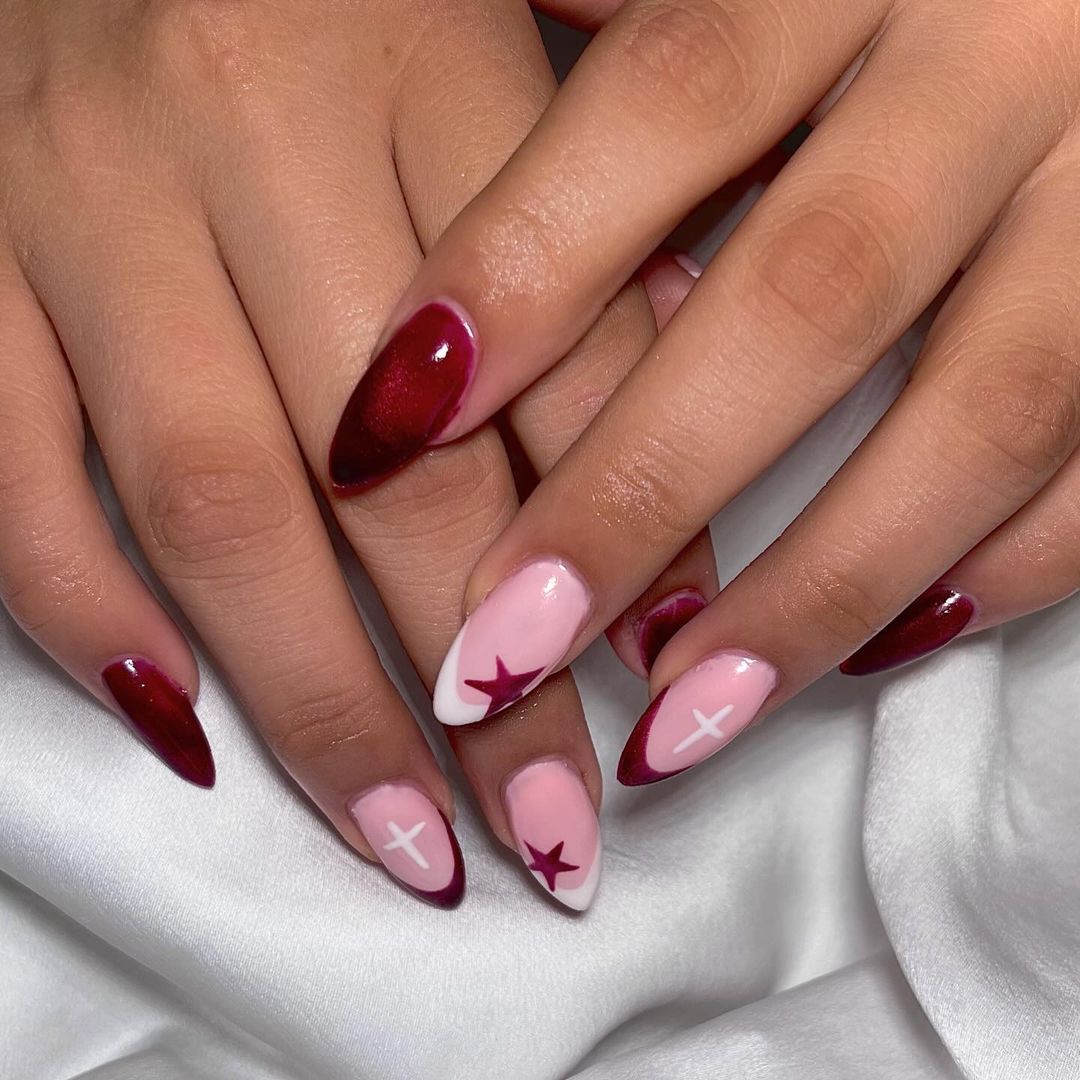 Burgundy Nails With French Mani Stars And Crosses