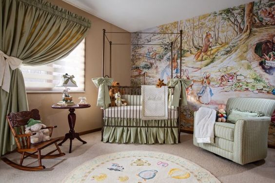 Canopy Crib With Soft Green Tones And Forest Mural