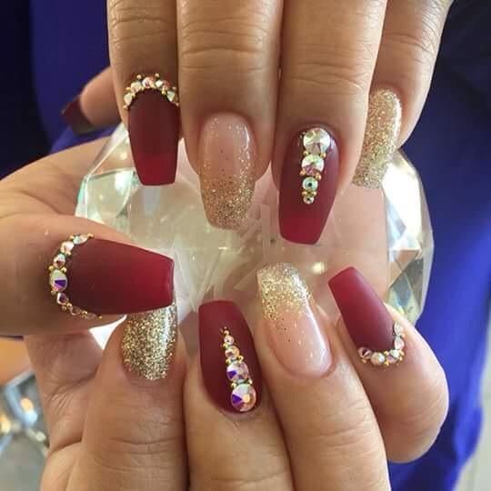 Cherry Red And Gold Nails