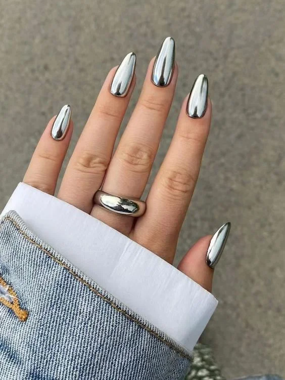 Chrome Silver Almond Nails