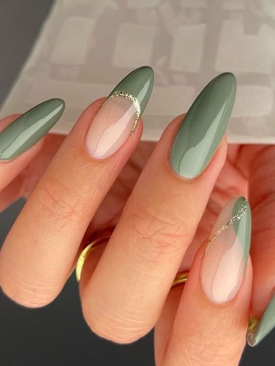 Clear And Sage Green Almond Nails With Gold Line