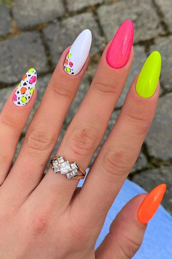 Colorful Neon Nails With Animal Print Accent Nail