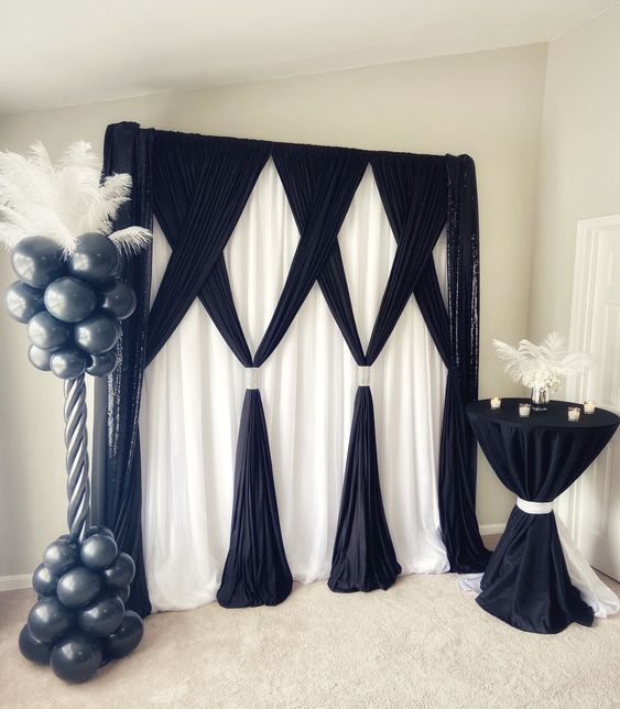 Criss-Crossed Navy Curtains On White Backdrop