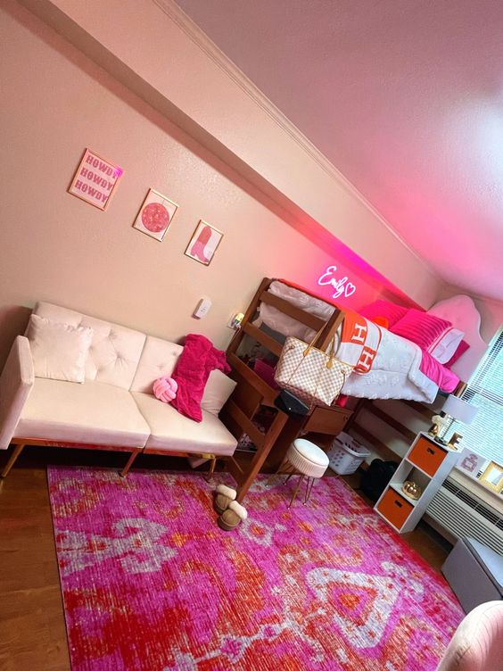 Dark Pink And Orange Carpet, Pink Pillows And Wall Art, Orange Furniture