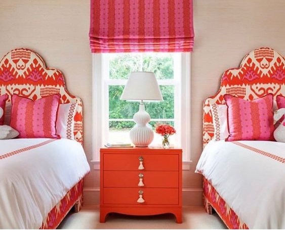 Dark Pink, Orange and White Headbord, Pillows And Curtains And Orange Drawer Nightstand