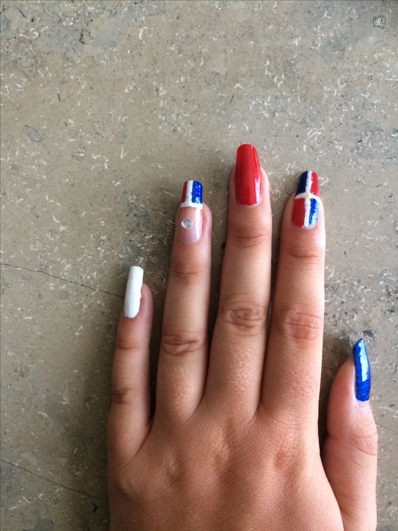 Dominican Flag Detai, Solid Naild And Flag Design French Tip