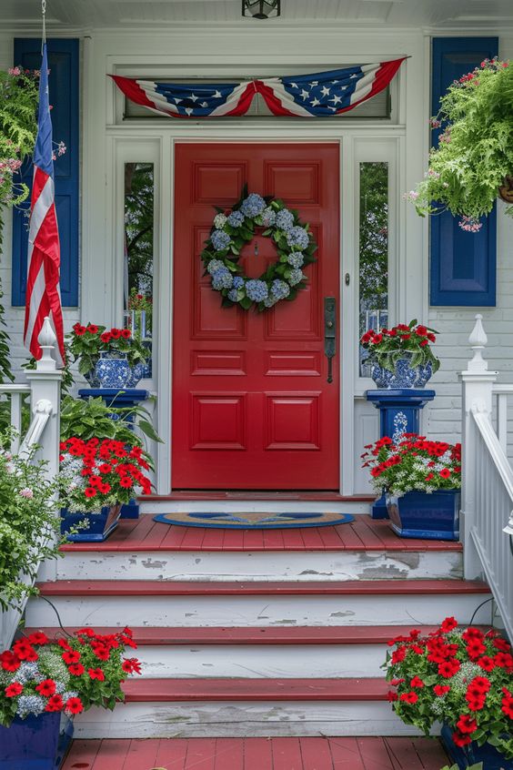 Fourth Of July Red White And Blue Banner And Flower Decor