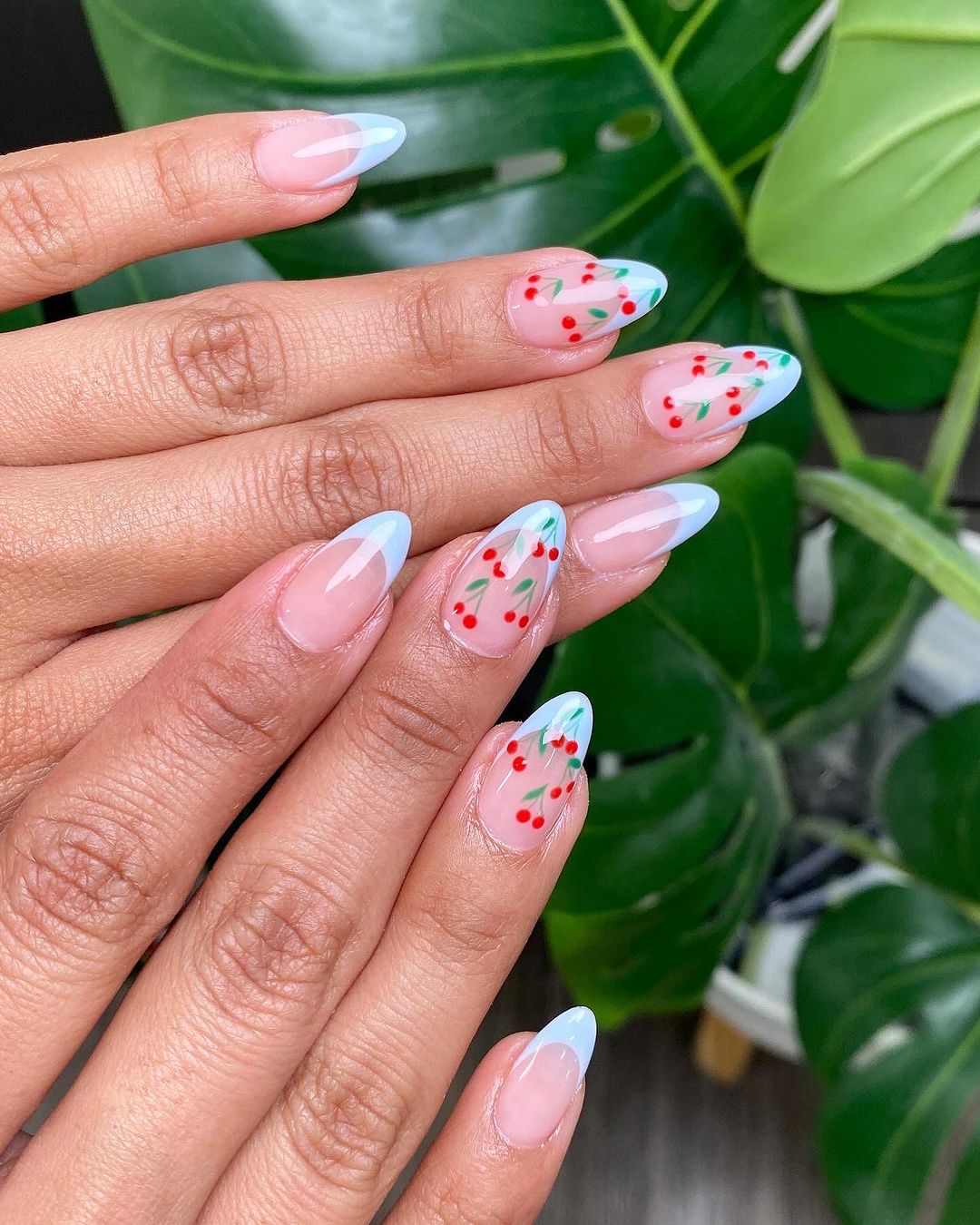 French Mani With Cherry Designs