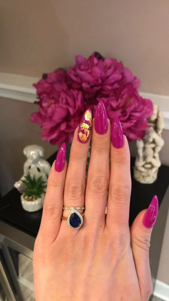 Fuscia Almond Nails With Gold Leaf Accent