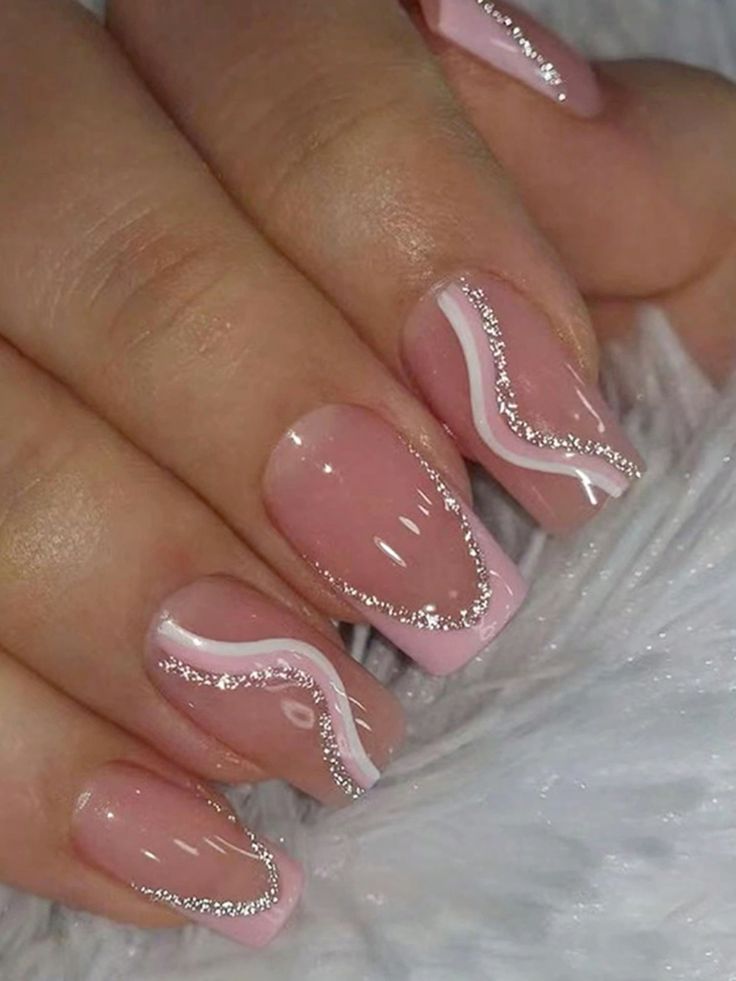 Gel Square Nails With Pink, White And Glitter Lines