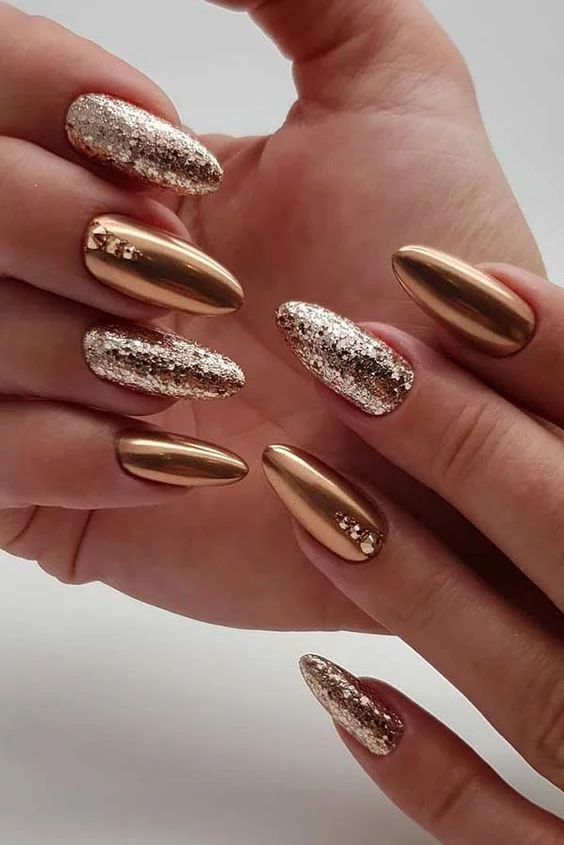 Gold Nails With Glitter Accents