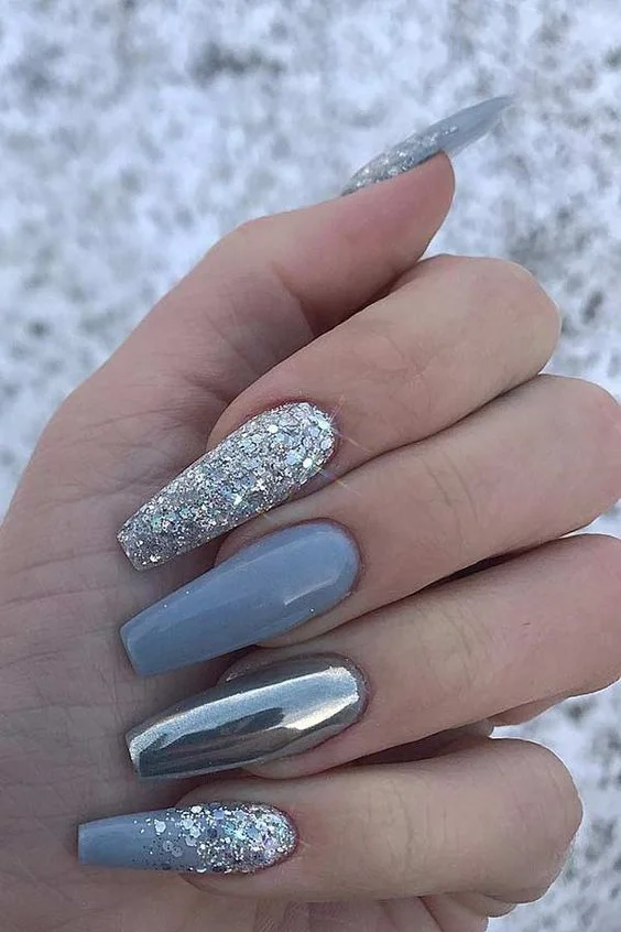 Gray Silver And Glitter Nails
