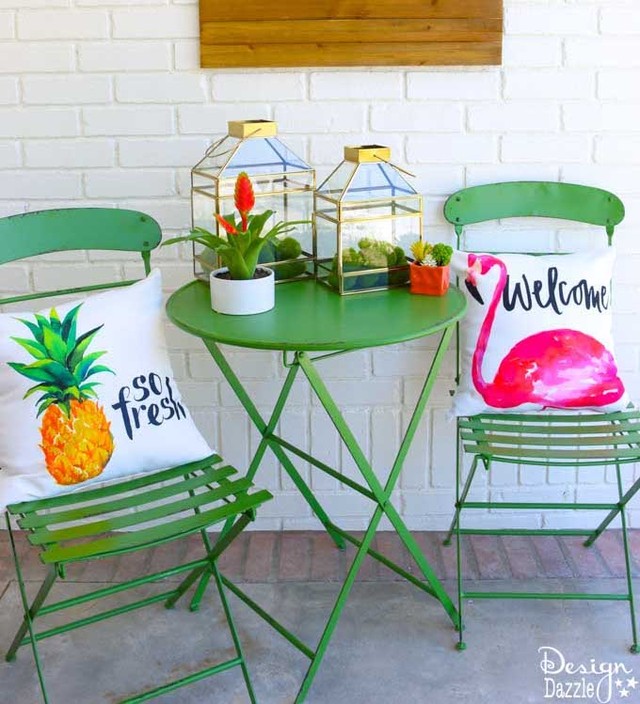 Green Porch Table And Stool With Flamingo And Pinaple Design Pillows