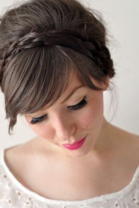 Headband Braid With Slicked Back Low Bun And Side Swept Bangs