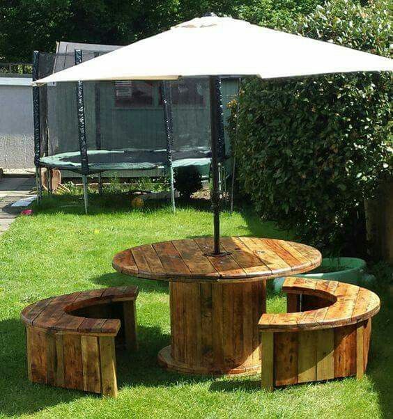 Large Cable Spool Umbrella Stand And Yard Table With Benches