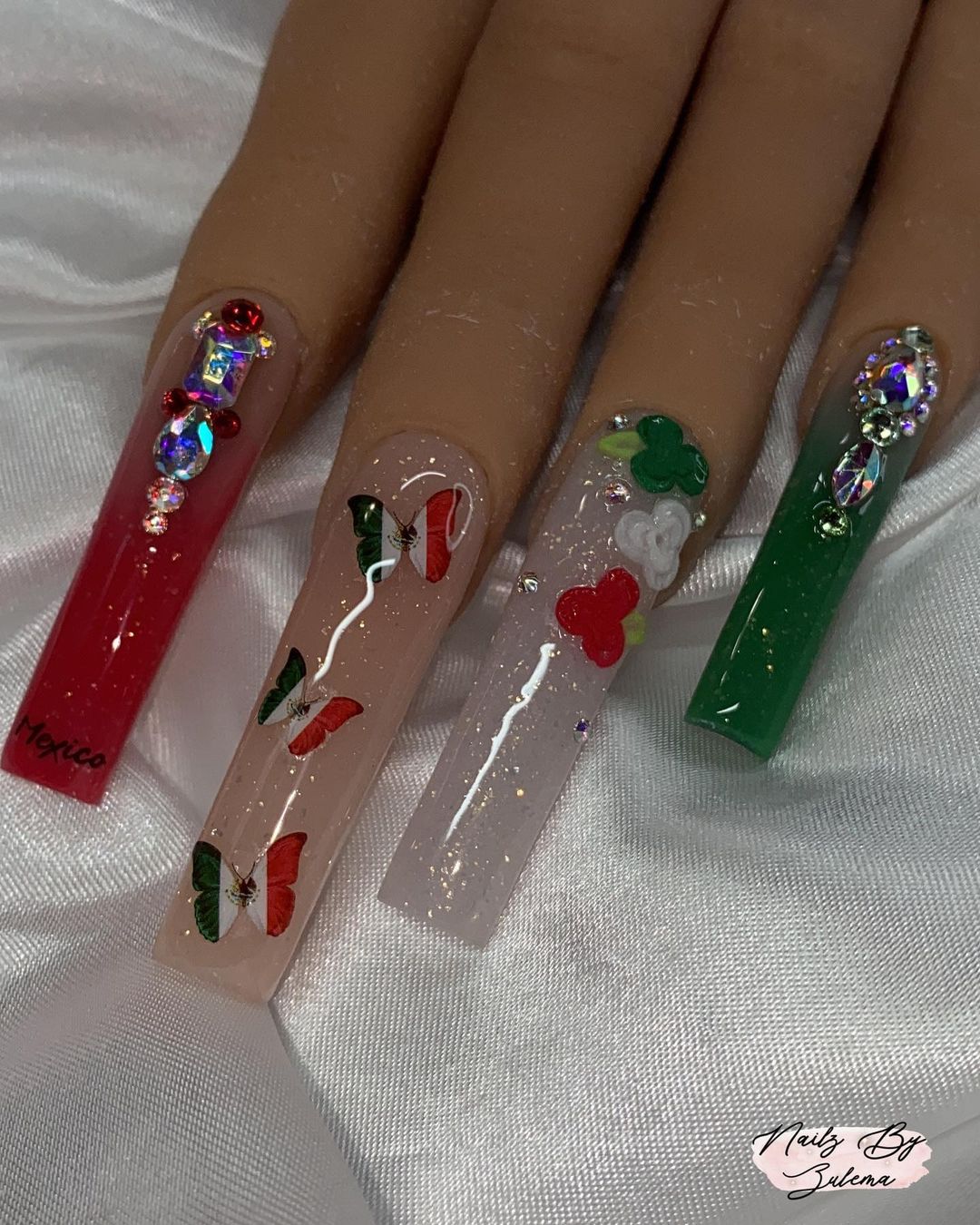 Long Square Acrylic Nails Wirh Flag Color Butterdlies And Rhinestones