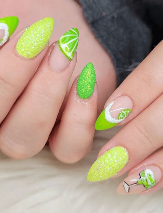 Margarita Lime Glitter Almond Nails