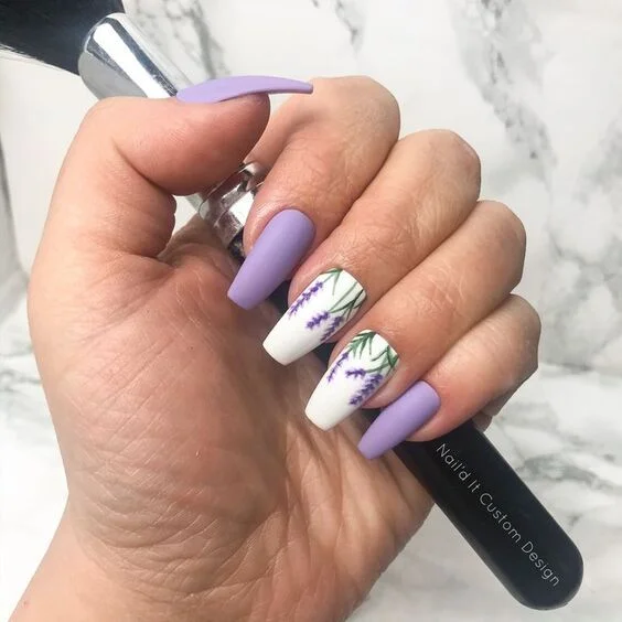 Matte Lavander Nails With White Lilac Details