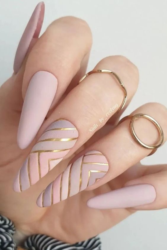 Matte Pastele Almond Nails With Geometric Pattern Ad Gold Lines