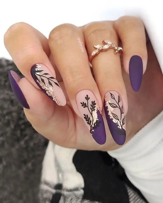 Matte Purple Oval Nails With Gold Lines And Black Vine Design